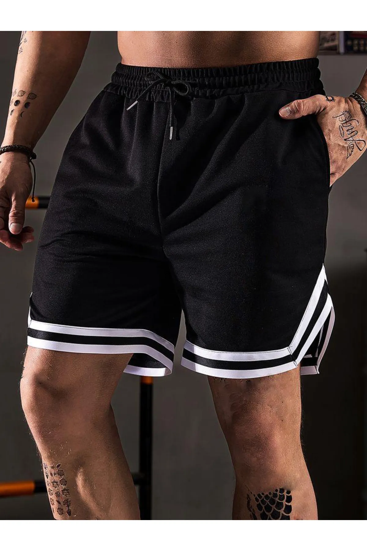 Erkek%20Siyah%20Penye%20Şeritli%20Şort%20Atletik%20Fitness%20Spor%20Egzersizi%20Koşu%20Spor%20Bermuda