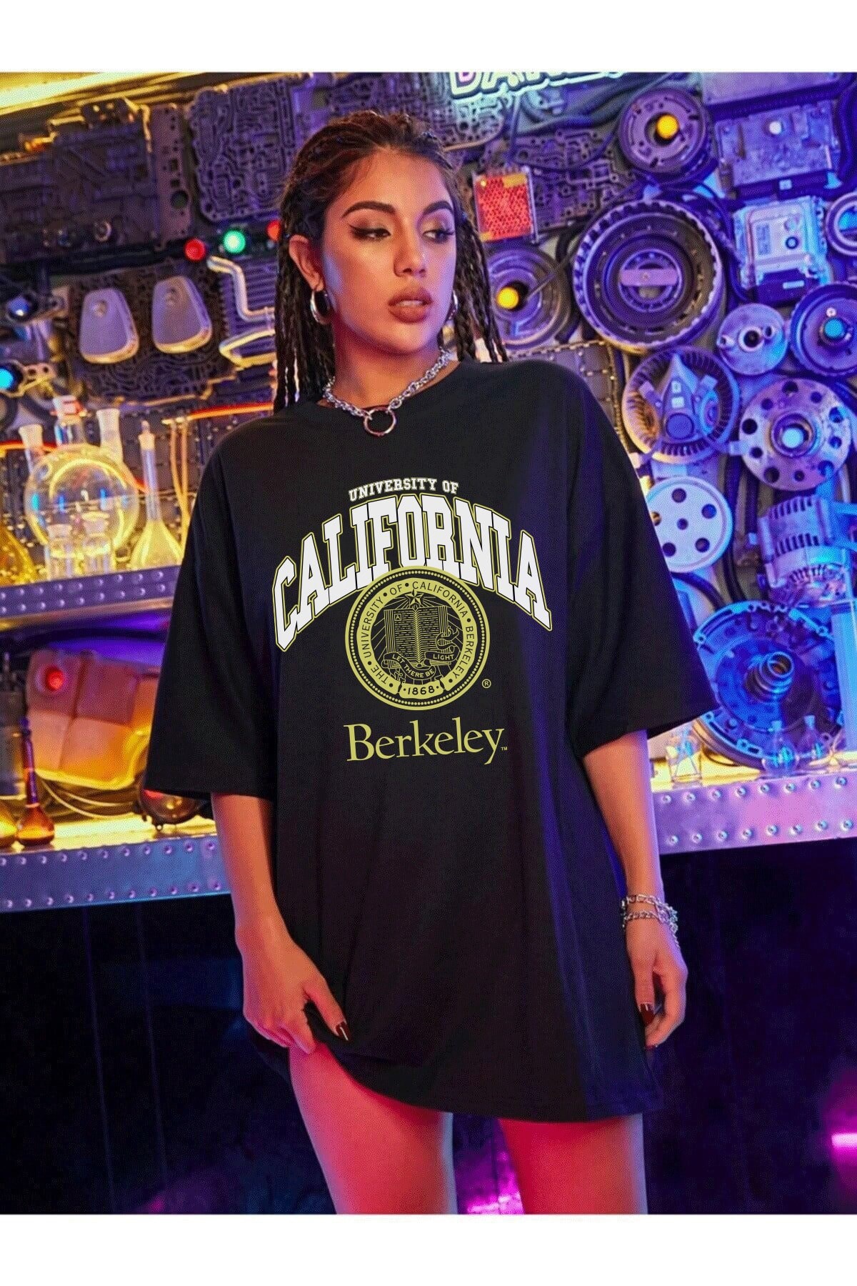 Kadın Oversize T-shirt Sırt Berkeley Baskı Siyah