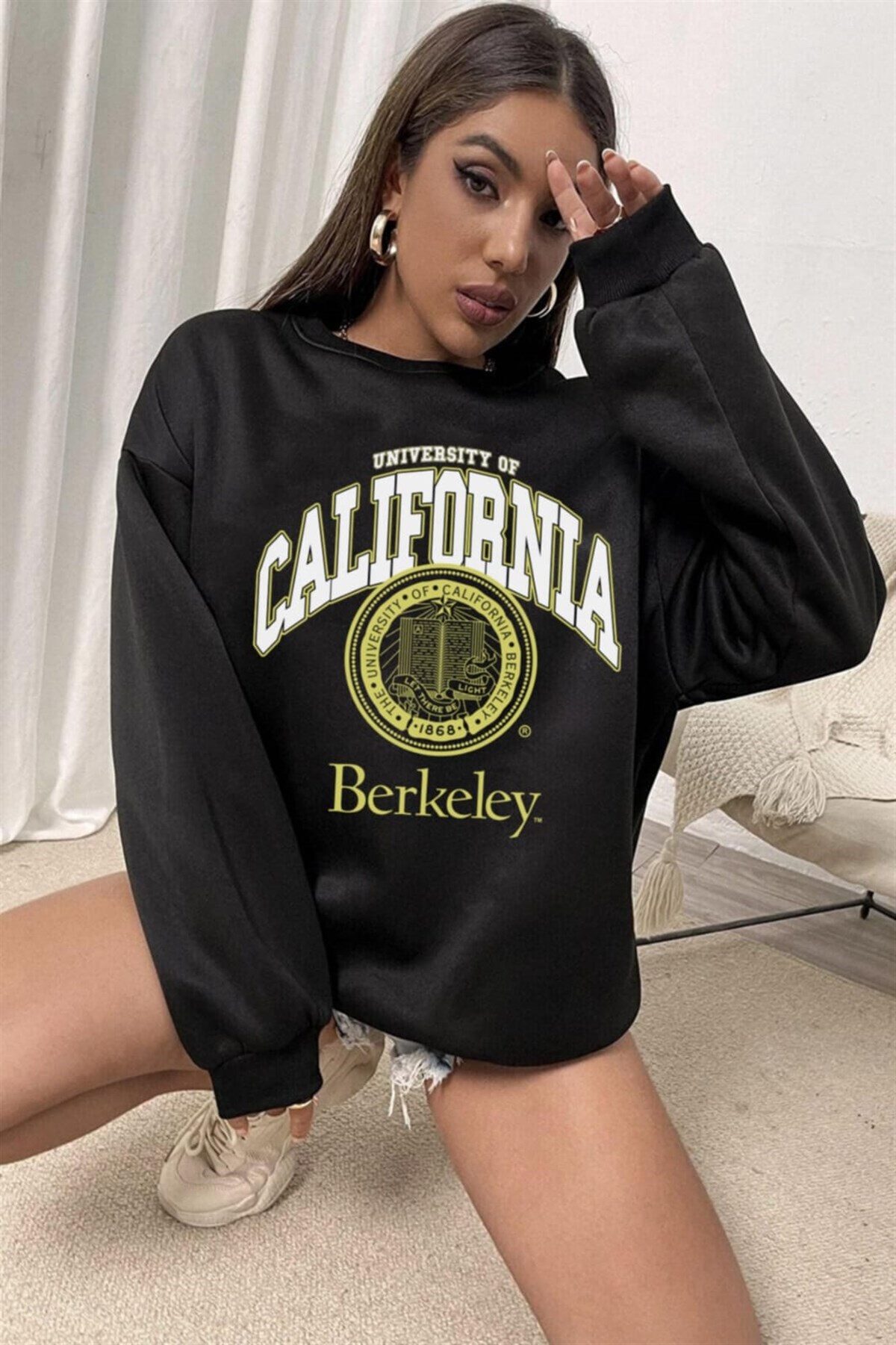 Kadın Siyah Bisiklet yaka Sweatshirt Calıfornıa Berkeley