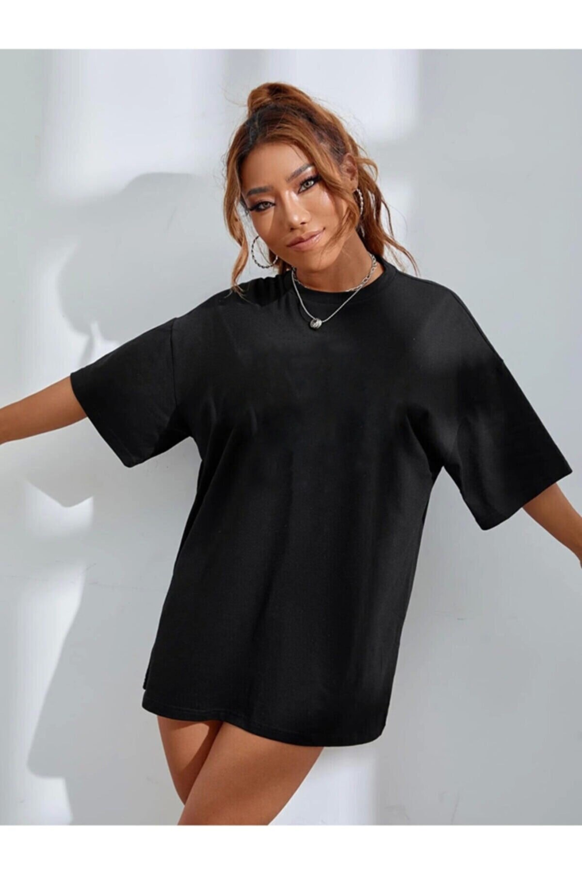 Kadın%20Oversize%20T-shirt%20Sırt%20Dino%20Baskı%20Siyah