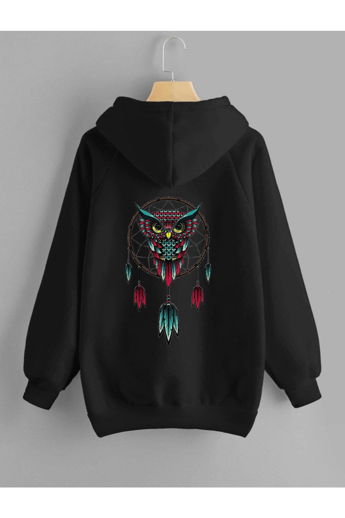 Oversize%20Baykuş%20Baskılı%20Kapşonlu%20Sweatshirt%20Siyah