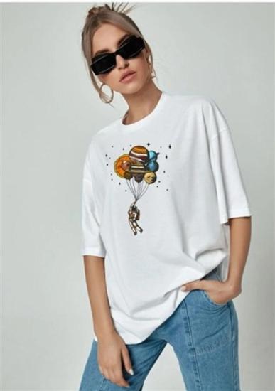 Kadın Oversize T-shirt AstronotBolon Baskı Beyaz