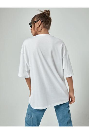 Kadın Oversize T-shirt AstronotBolon Baskı Beyaz
