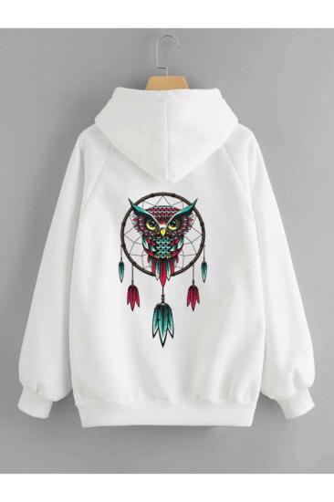 Erkek Kapüşonlu Sweatshirt Sırt Baskı Beyaz Baykuş