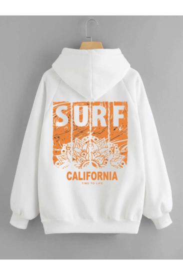 Erkek Kapüşonlu Sweatshirt Surfcalıfornıa Sırt Baskı Beyaz
