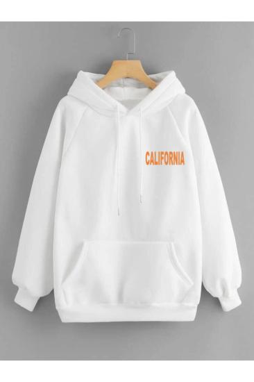 Erkek Kapüşonlu Sweatshirt Surfcalıfornıa Sırt Baskı Beyaz