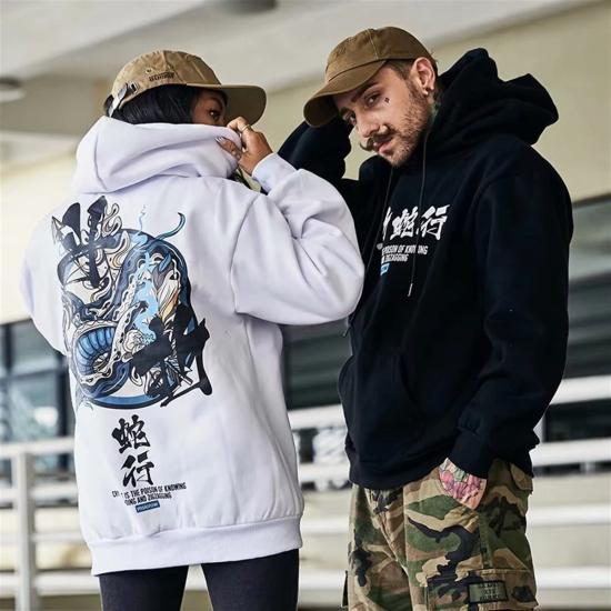 Erkek Beyaz Kapüşonlu Sweatshirt Sırt Baskılı Chınyılan
