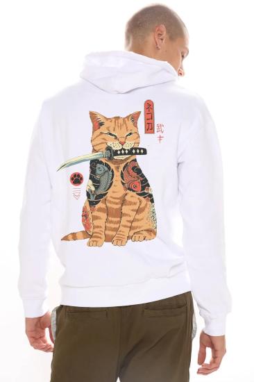 Erkek Beyaz Kapüşonlu Sweatshirt Sırt Baskılı Samuray Kedi