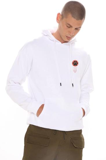 Erkek Beyaz Kapüşonlu Sweatshirt Sırt Baskılı Samuray Kedi