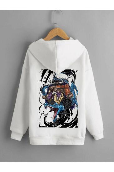 Erkek Kapişonlu Beyaz Sweatshirt Mavi Ejder Baskılı