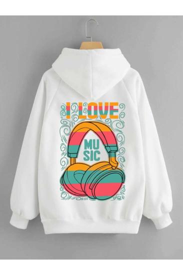 Erkek Beyaz Kapişonlu Sweatshirt Music Baskılı