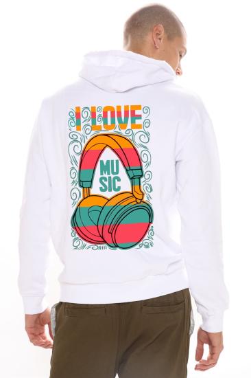 Erkek Beyaz Kapişonlu Sweatshirt Music Baskılı