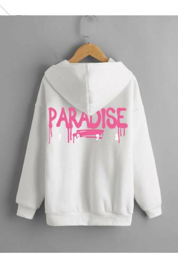 Erkek Kapişonlu Beyaz Sweatshirt Paradise