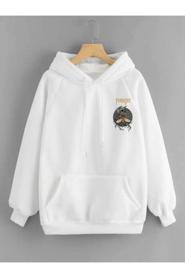 Erkek Beyaz Kışlık Kapüşonlu Sweatshirt PhaseOne Sırt Baskılı