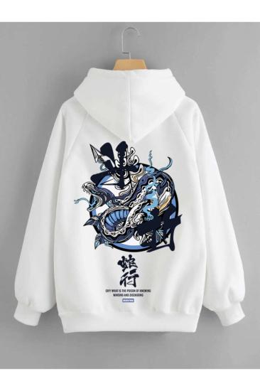 Erkek Kapişonlu Sweatshirt Beyaz Snake Baskılı