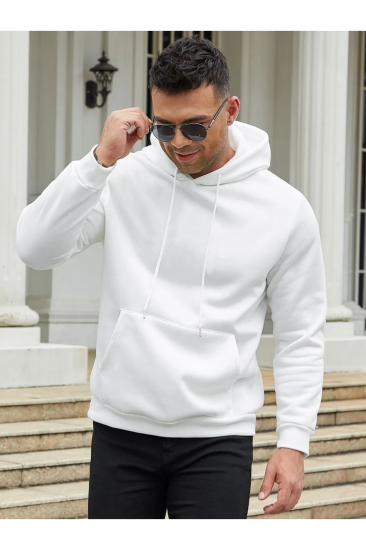 Erkek Beyaz Kışlık Kapüşonlu Sweatshirt Standar Kesim Pamuklu üç iplik Şardonlu