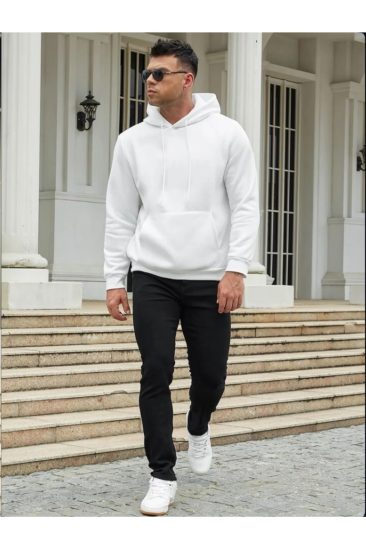 Erkek Kışlık Beyaz Kapüşonlu Sweatshirt Baskısız
