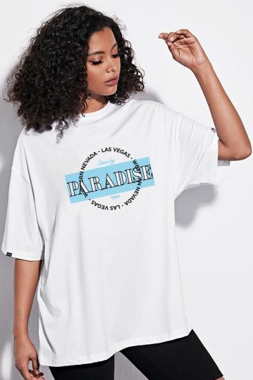 Kadın Oversize T-shirt Paradise Ön Baskı Beyaz