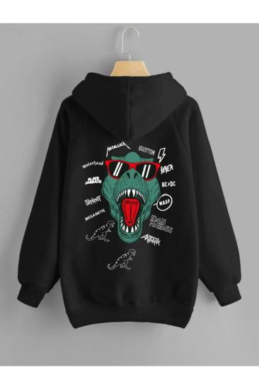 Unısex Kapüşonlu Sweatshirt dino Sırt baskı siyah