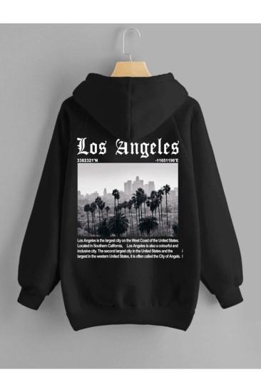 Erkek Kapüşonlu Sweatshirt Losangeles Sırt baskı siyah