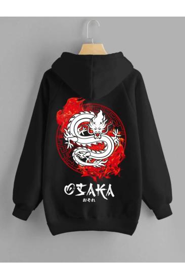 Unısex Kapüşonlu Sweatshirt Osaka Sırt baskı siyah