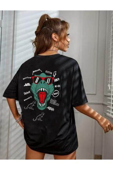 Kadın Oversize T-shirt Sırt Dino Baskı Siyah
