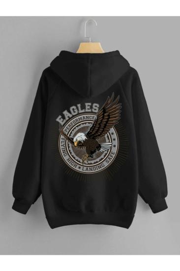 Siyah Kapüşonlu Eagle Baskılı Sweatshirt