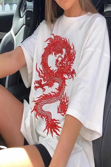 Bayan Beyaz Ejderha Kırmızı Baskılı Oversize T-shirt