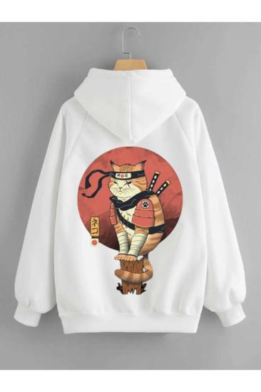 Erkek Beyaz Kapüşonlu Sweatshirt Ninja Kedi Sırt Baskılı