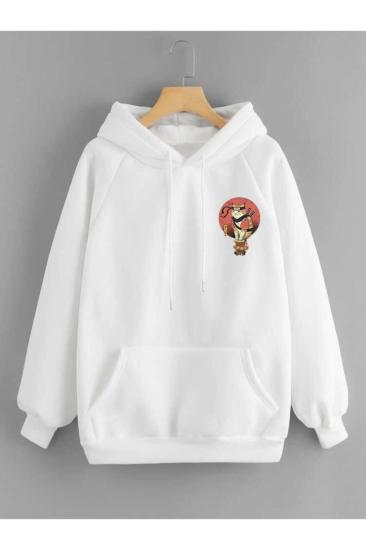 Erkek Beyaz Kapüşonlu Sweatshirt Ninja Kedi Sırt Baskılı