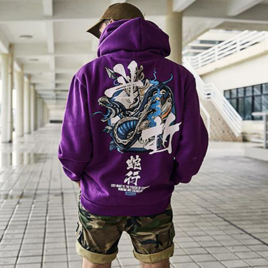 Erkek Kapüşonlu Sweatshirt Sırt yılan baskı Mor renk