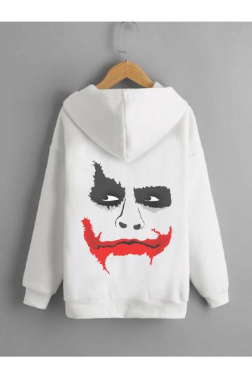 Erkek Beyaz Kapişonlu JKR Baskılı Sweatshirt