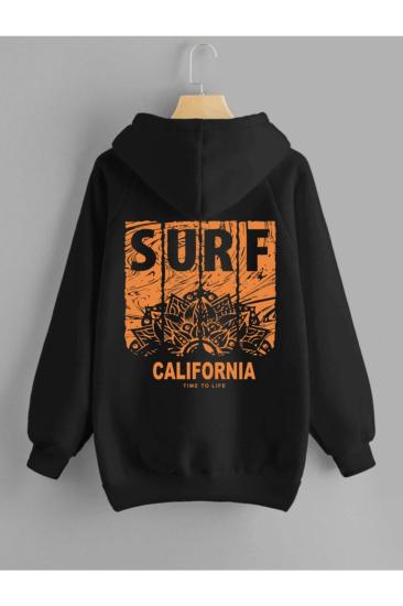 Erkek Kapüşonlu Sweatshirt Surfcalıfornıa Sırt Baskı Siyah