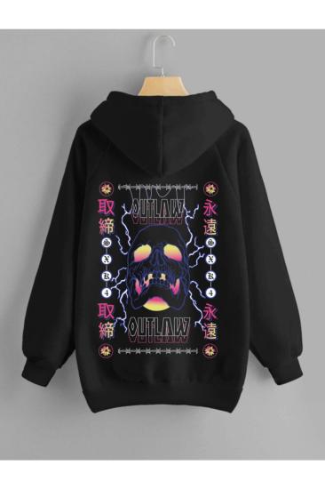 Erkek Kapüşonlu Sweatshirt iskelet Siyah