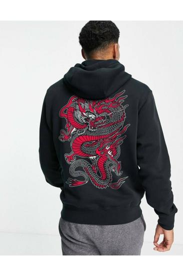 Erkek Siyah kapüşonlu Sweatshirt Chinesebox Baskılı