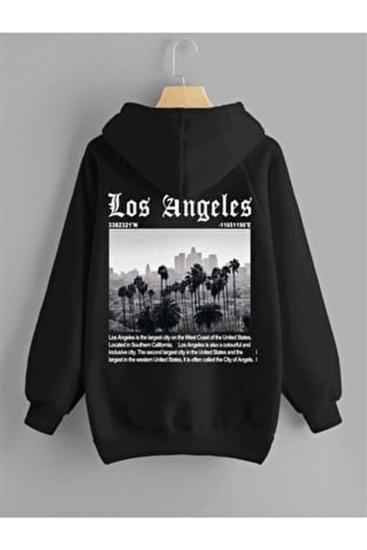 Erkek Kapüşonlu Sweatshirt Los Angelas Sırt Baskı Siyah