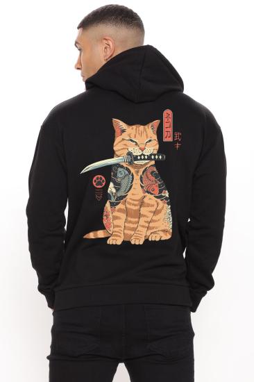 Erkek Siyah Kapüşonlu Sweatshirt Ninja Kedi Basklı