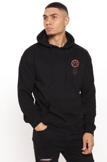 Erkek Siyah Kapüşonlu Sweatshirt Ninja Kedi Basklı