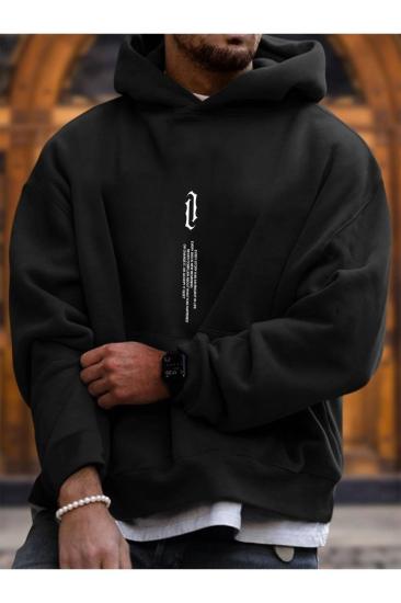 Erkek Siyah Göğüs Dikey Baskılı Oversize Kapüşonlu Sweatshirt