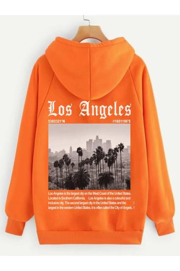 Erkek Turuncu Kapüşonlu Sweatshirt Los Angeles Baskı