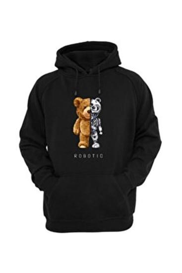 Erkek Unisex Kapüşonlu Siyah Sweatshirt Robotıc Baskılı