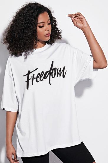 Kadın Beyaz Freedom Baskılı Oversize T-shirt