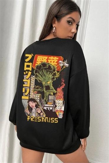 Kadın Siyah Bisiklet yaka Sweatshirt Freshıns Sırtbaskı