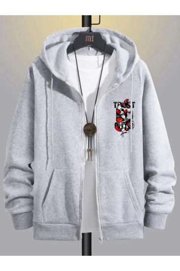 Erkek Gri Kışlık Kapişonlu Fermuarlı Sweatshirt Ceket