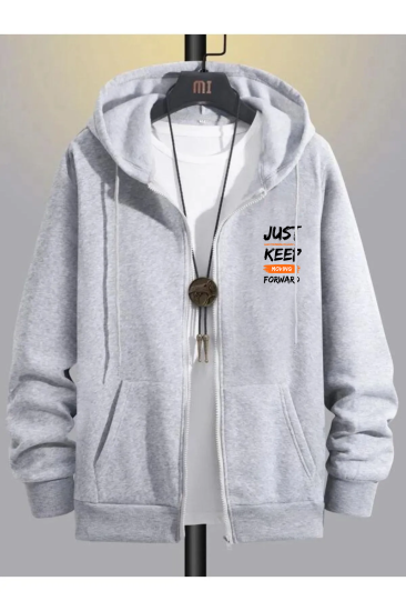 Erkek Gri Kışlık Kapişonlu Fermuarlı Sweatshirt Ceket