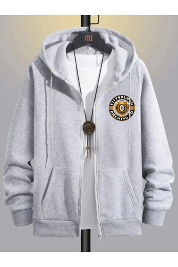 Erkek Gri Kışlık Kapişonlu Fermuarlı Sweatshirt Ceket