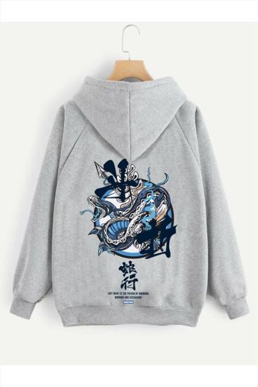 Erkek Kapişonlu Sweatshirt Gri Snake Baskılı