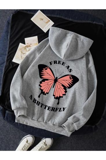 Kadın Kapüşonlu Sweatshirt Gri Kelebek
