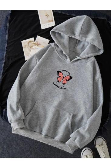Kadın Kapüşonlu Sweatshirt Gri Kelebek
