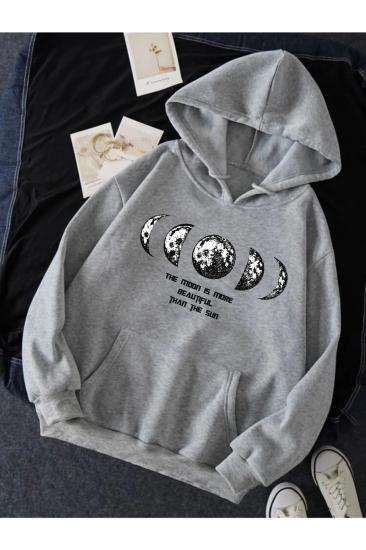 Kadın Kapuşonlu Sweatshirt Gri Moon baskı